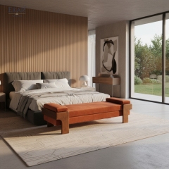 Block Leg Upholstered Bed Bench | Modern Solid Wood Bedroom Bench with Fabric Seat | EKAR FURNITURE