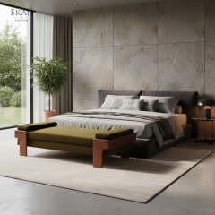 Block Leg Upholstered Bed Bench | Modern Solid Wood Bedroom Bench with Fabric Seat | EKAR FURNITURE