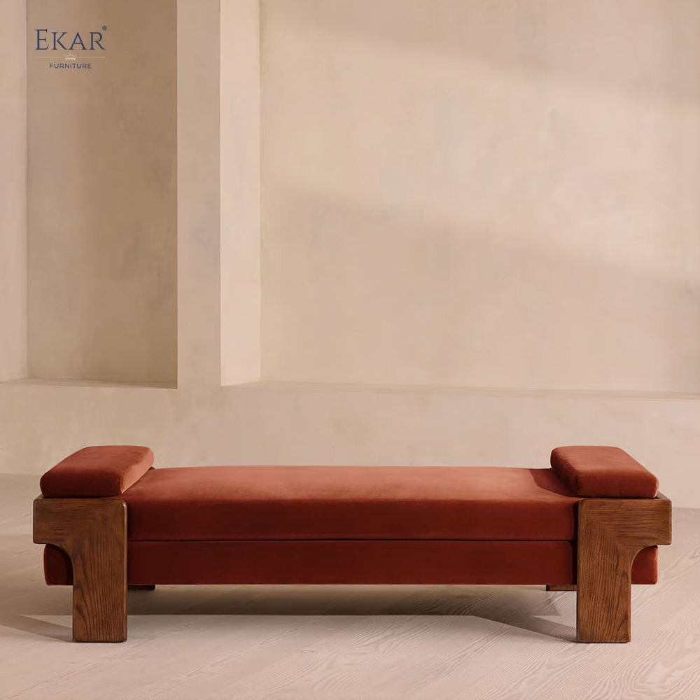 Block Leg Upholstered Bed Bench | Modern Solid Wood Bedroom Bench with Fabric Seat | EKAR FURNITURE