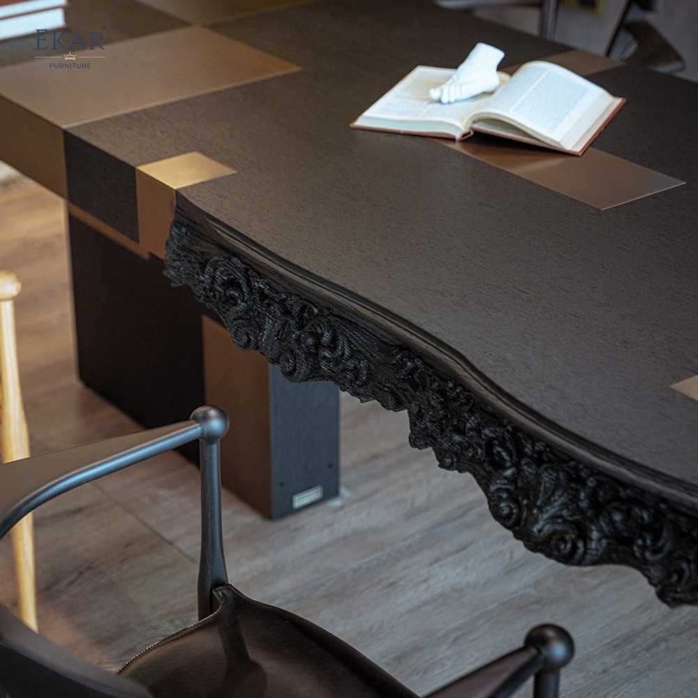 Baroque Sculpt Executive Desk | Modern Luxury Art Desk with Carved Wood & Metal Inlay | EKAR FURNITURE