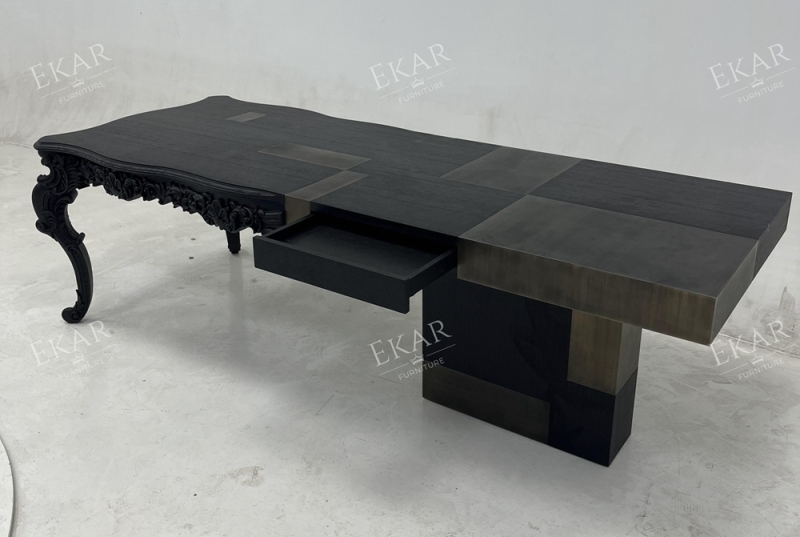 Baroque Sculpt Executive Desk | Modern Luxury Art Desk with Carved Wood & Metal Inlay | EKAR FURNITURE