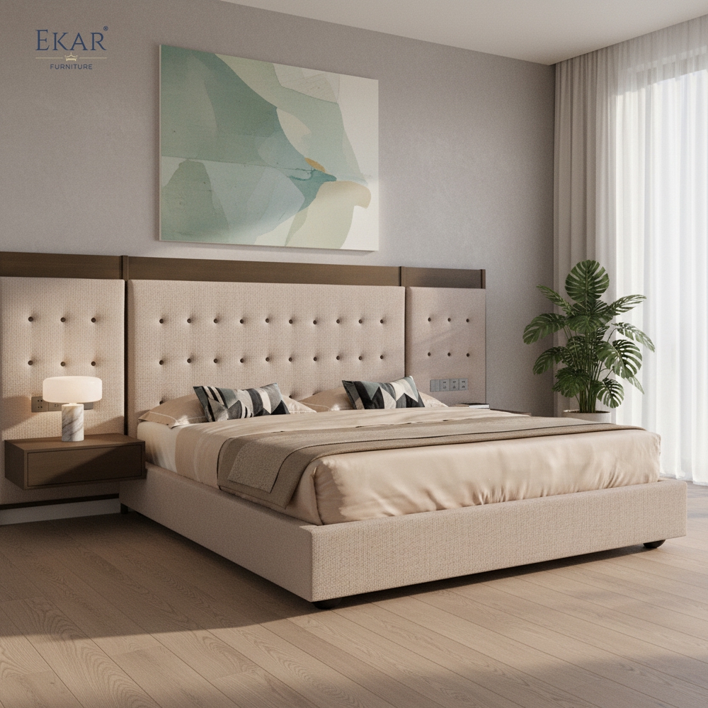 Panorama Panel Smart Bed | Modern Luxury Hotel Bed with Wide Headboard & Integrated Controls | EKAR FURNITURE