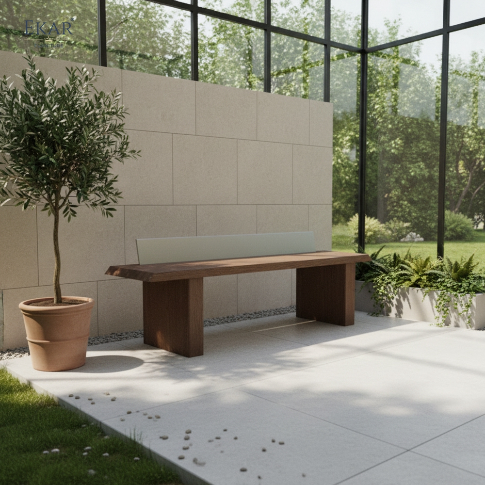 Modern outdoor wooden side table with metal backsplash | EKAR FURNITURE Patio & Garden Furniture