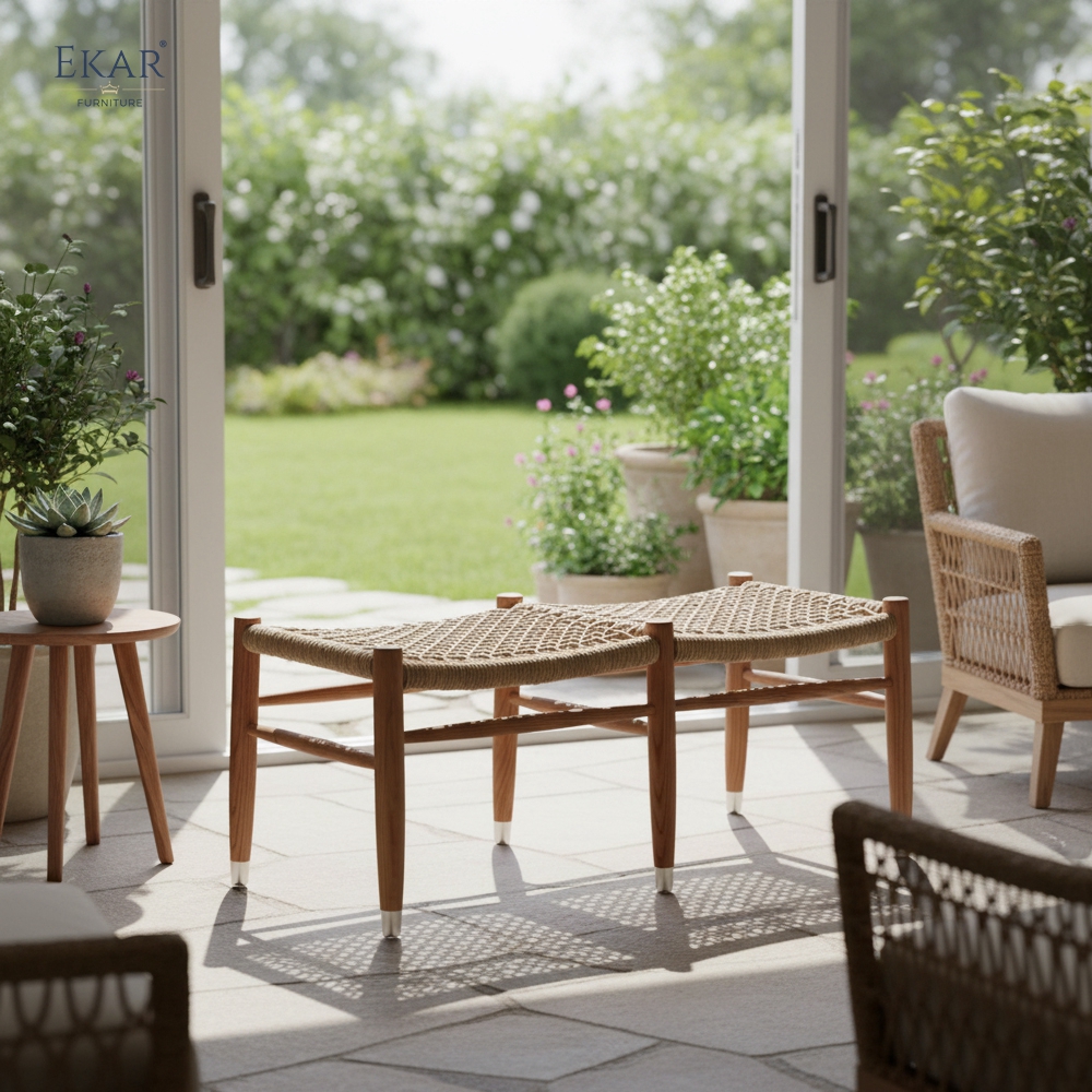 Solid wood woven bench | Modern outdoor solid wood frame woven bench | EKAR FURNITURE