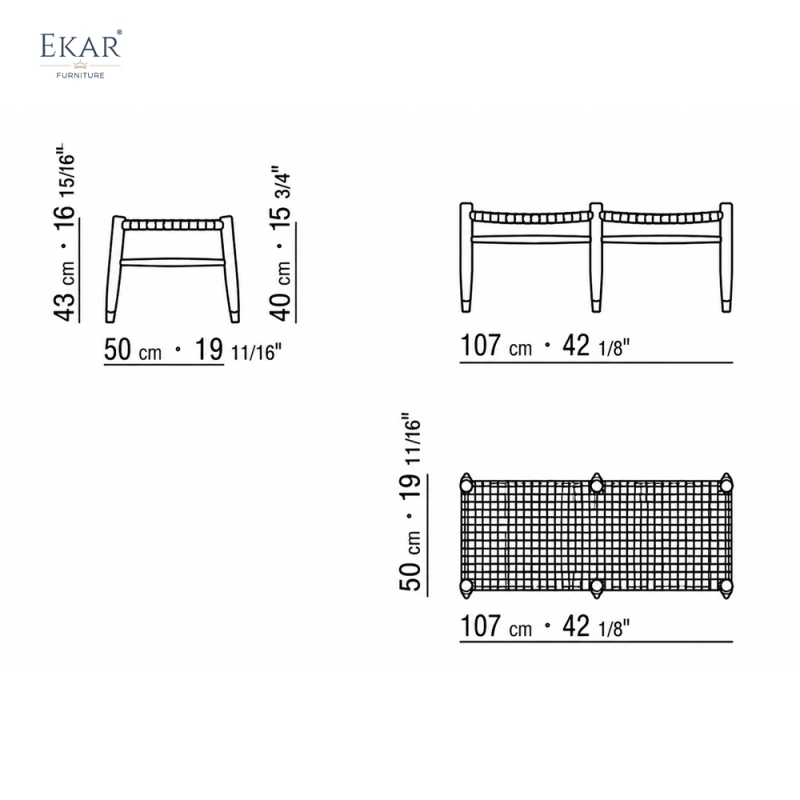 Solid wood woven bench | Modern outdoor solid wood frame woven bench | EKAR FURNITURE