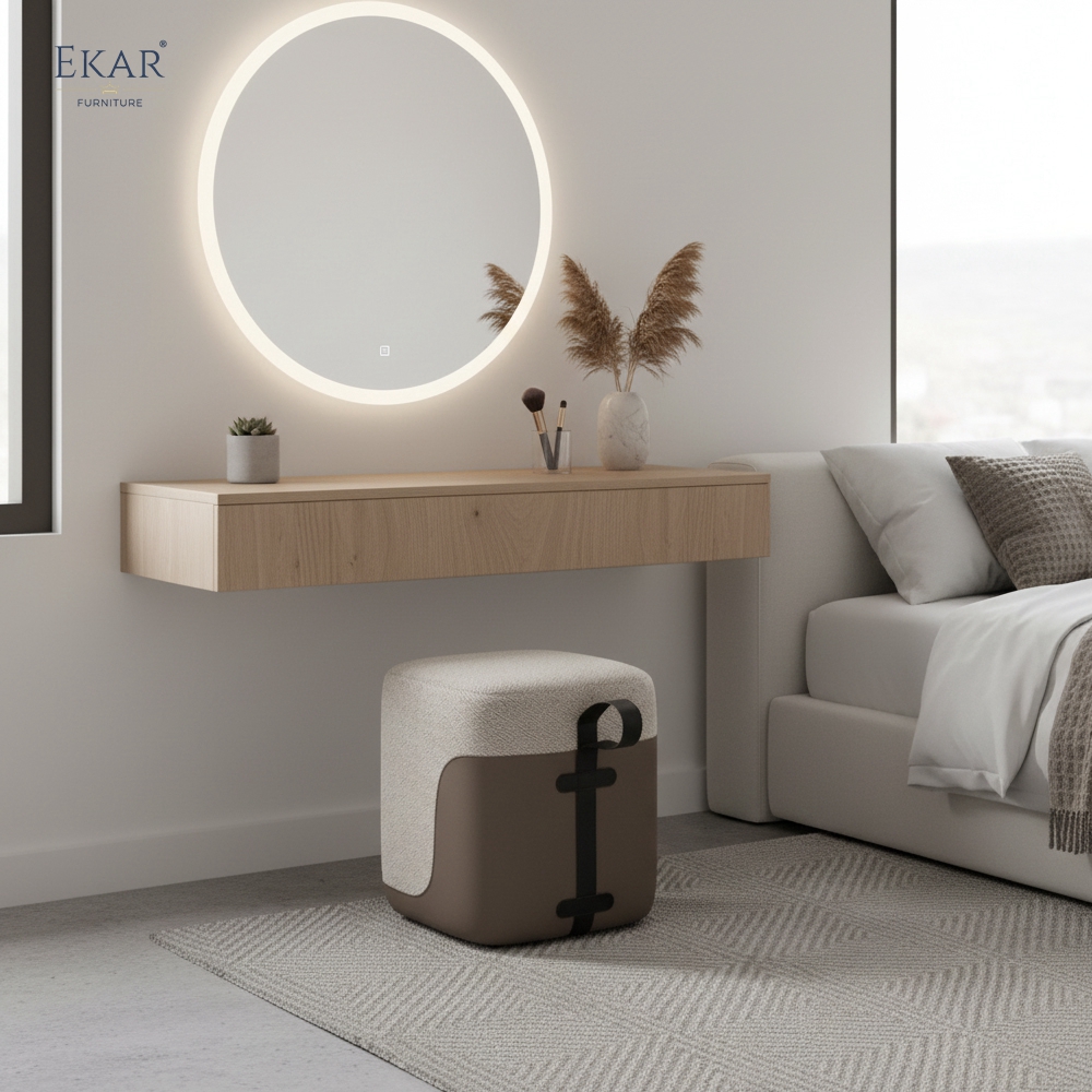 Aura Modern Minimalist Vanity Stool – Upholstered Boucle Accent Seat by EKAR FURNITURE