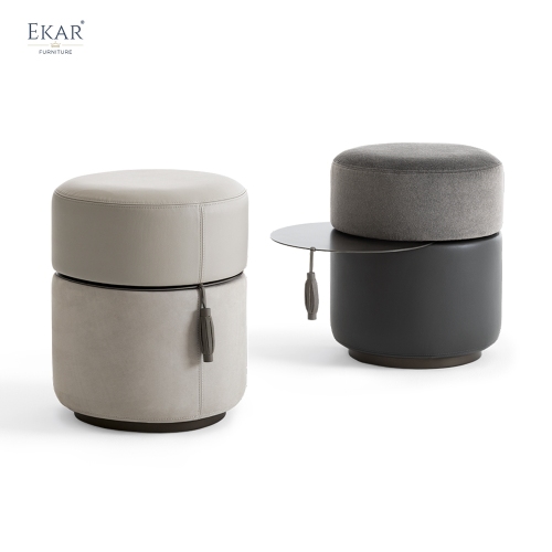 EKAR Horizon Minimalist Drum Ottoman Stool with Concealed Slide-Out Tray