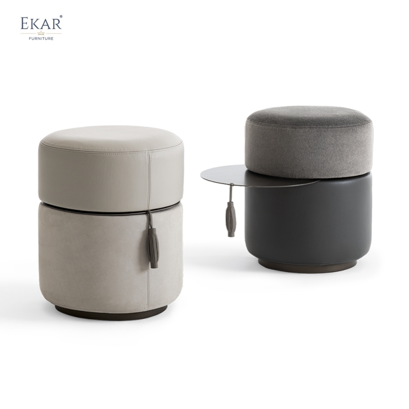 EKAR Horizon Minimalist Drum Ottoman Stool with Concealed Slide-Out Tray