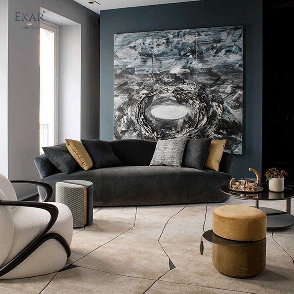 EKAR Horizon Minimalist Drum Ottoman Stool with Concealed Slide-Out Tray