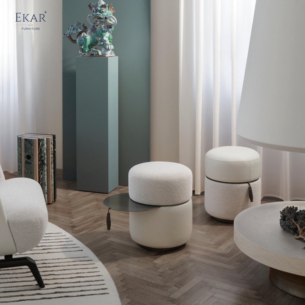 EKAR Horizon Minimalist Drum Ottoman Stool with Concealed Slide-Out Tray