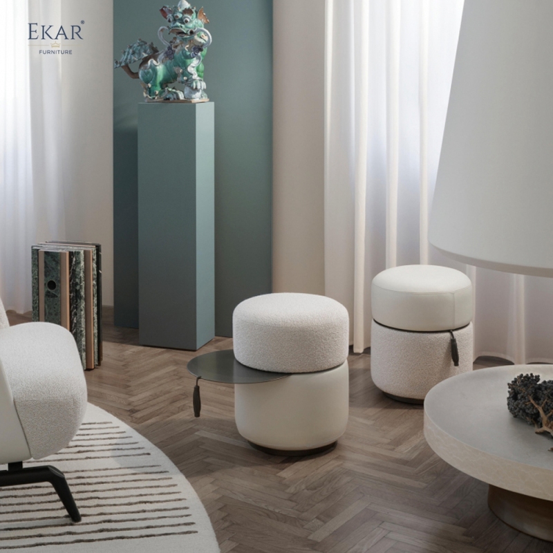EKAR Horizon Minimalist Drum Ottoman Stool with Concealed Slide-Out Tray