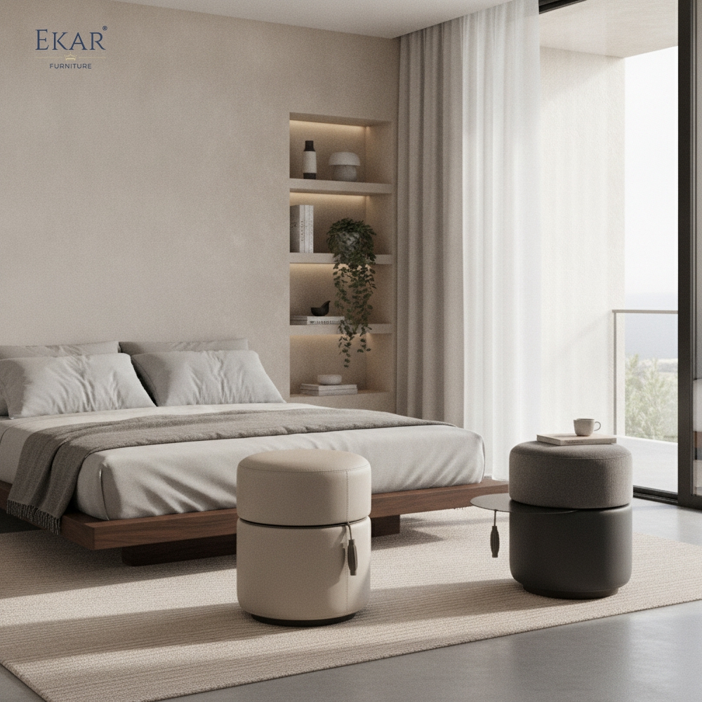 EKAR Horizon Minimalist Drum Ottoman Stool with Concealed Slide-Out Tray