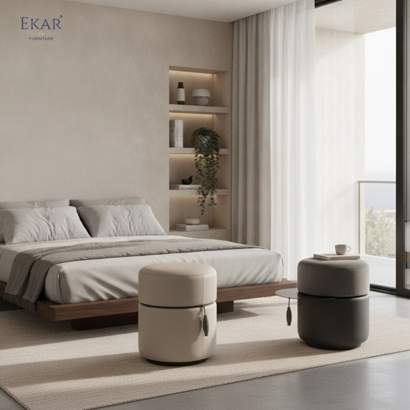 EKAR Horizon Minimalist Drum Ottoman Stool with Concealed Slide-Out Tray