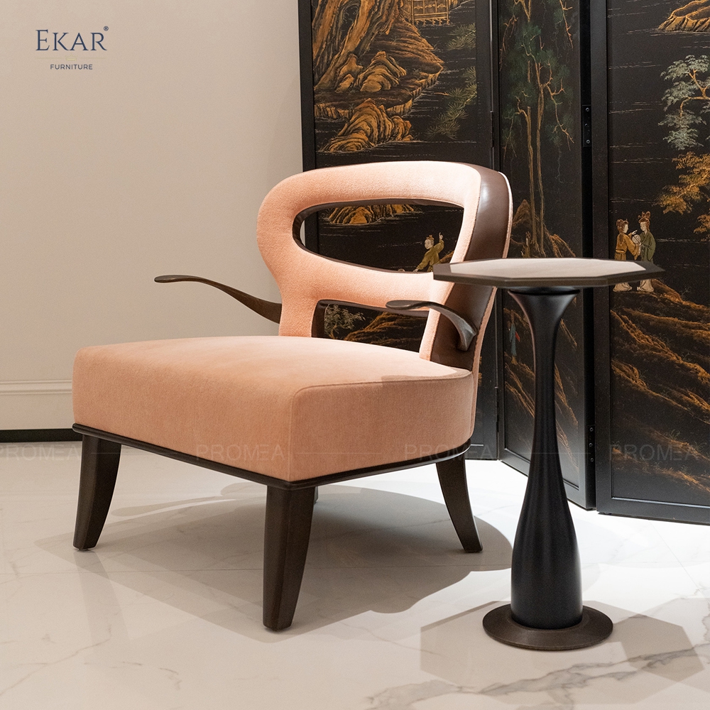 Modern brass arm plush lounge chair with openwork backrest and ergonomic support