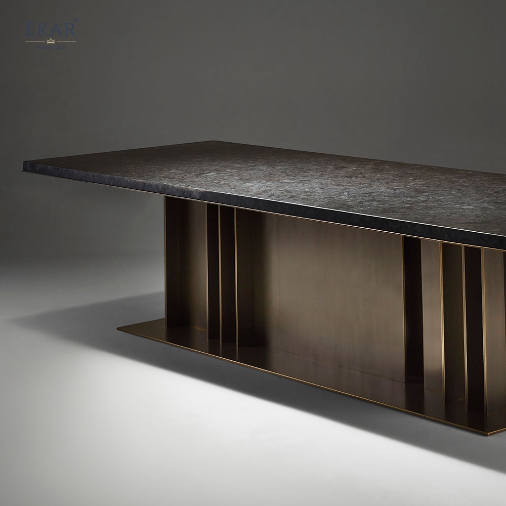 EKAR Columnex Modern Dining Table | Stone Top & Fluted Bronze Metal Base | EKAR FURNITURE
