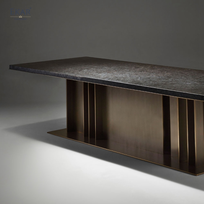 EKAR Columnex Modern Dining Table | Stone Top & Fluted Bronze Metal Base | EKAR FURNITURE