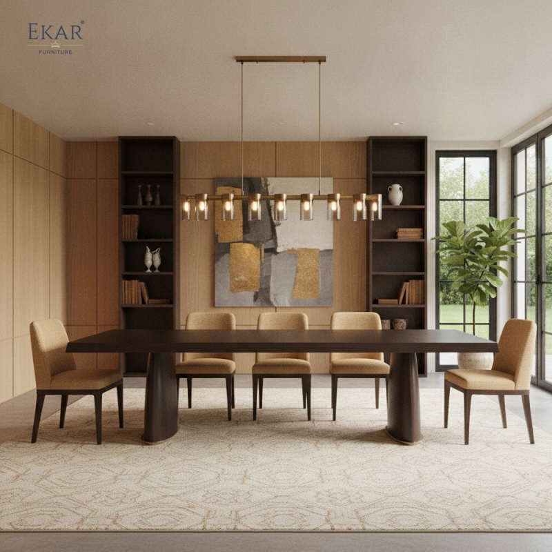 EKAR Modern Solid Wood Dining Table | Double Drum Pedestal Base | Contemporary Dining Room Furniture