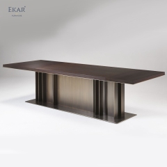 EKAR Columnex Modern Dining Table | Stone Top & Fluted Bronze Metal Base | EKAR FURNITURE