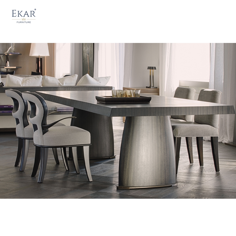 EKAR Modern Solid Wood Dining Table | Double Drum Pedestal Base | Contemporary Dining Room Furniture