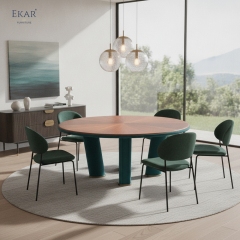 Soleil Round Dining Table - Veneer Top with Teal Sculptural Base for Modern Dining Rooms | EKAR FURNITURE
