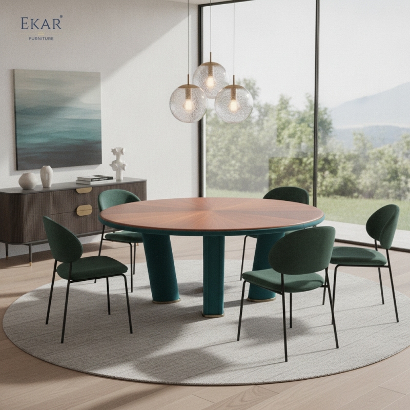 Soleil Round Dining Table - Veneer Top with Teal Sculptural Base for Modern Dining Rooms | EKAR FURNITURE