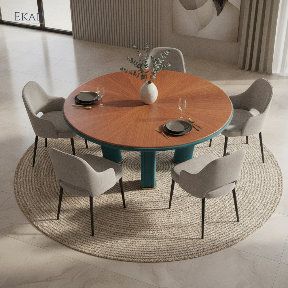 Soleil Round Dining Table - Veneer Top with Teal Sculptural Base for Modern Dining Rooms | EKAR FURNITURE
