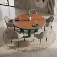 Soleil Round Dining Table - Veneer Top with Teal Sculptural Base for Modern Dining Rooms | EKAR FURNITURE