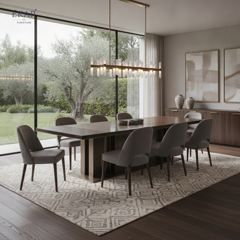 EKAR Columnex Modern Dining Table | Stone Top & Fluted Bronze Metal Base | EKAR FURNITURE