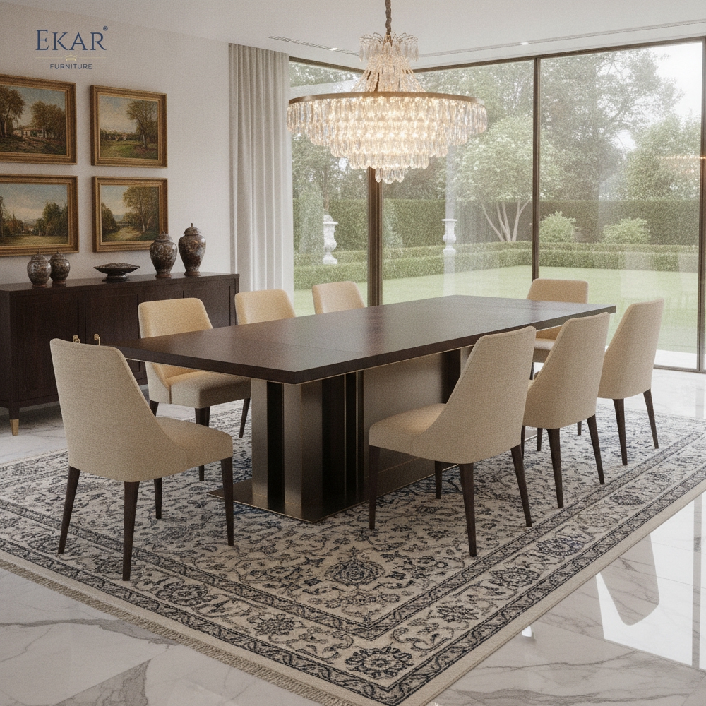 EKAR Columnex Modern Dining Table | Stone Top & Fluted Bronze Metal Base | EKAR FURNITURE