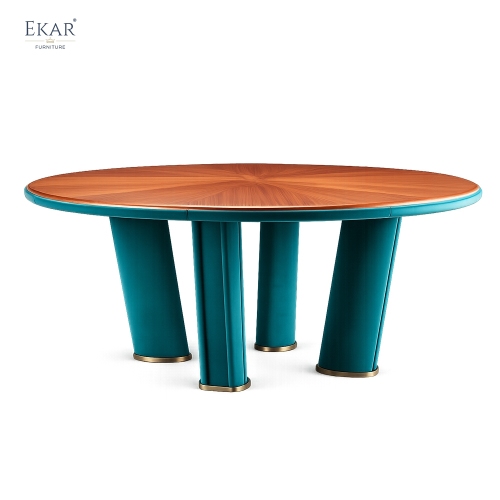Soleil Round Dining Table - Veneer Top with Teal Sculptural Base for Modern Dining Rooms | EKAR FURNITURE