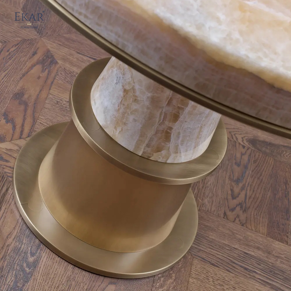 EKAR Modern Round Marble Dining Table | Sculptural Stone Pedestal & Brass Accent | Luxury Dining Room Furniture