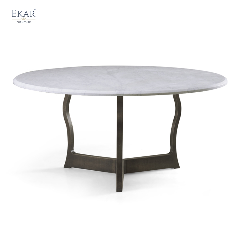 EKAR Modern Round Marble Dining Table | Sculptural Curved Metal Base | Indoor & Outdoor Dining Room Furniture
