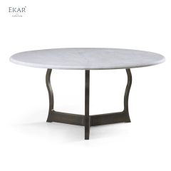 EKAR Modern Round Marble Dining Table | Sculptural Curved Metal Base | Indoor & Outdoor Dining Room Furniture