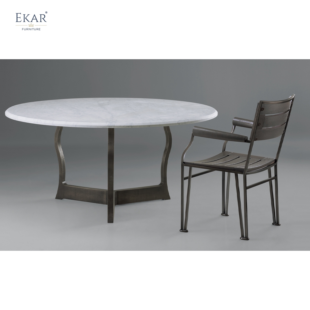 EKAR Modern Round Marble Dining Table | Sculptural Curved Metal Base | Indoor & Outdoor Dining Room Furniture