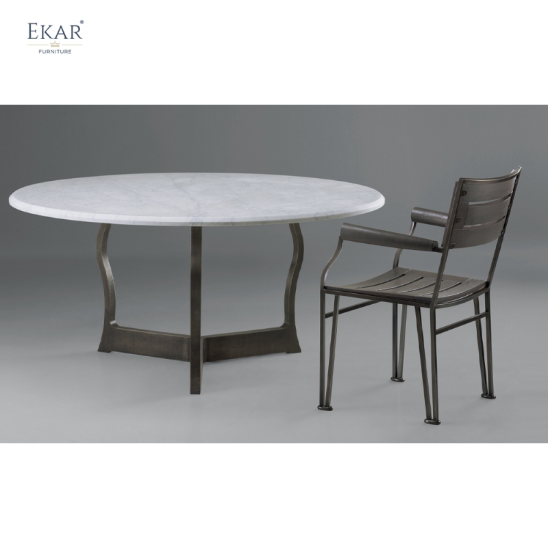 EKAR Modern Round Marble Dining Table | Sculptural Curved Metal Base | Indoor & Outdoor Dining Room Furniture