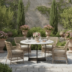EKAR Modern Round Marble Dining Table | Sculptural Curved Metal Base | Indoor & Outdoor Dining Room Furniture