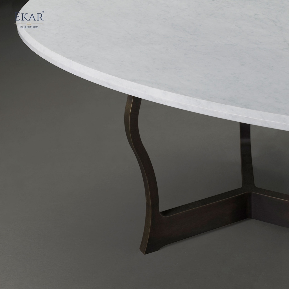 EKAR Modern Round Marble Dining Table | Sculptural Curved Metal Base | Indoor & Outdoor Dining Room Furniture