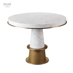 EKAR Modern Round Marble Dining Table | Sculptural Stone Pedestal & Brass Accent | Luxury Dining Room Furniture