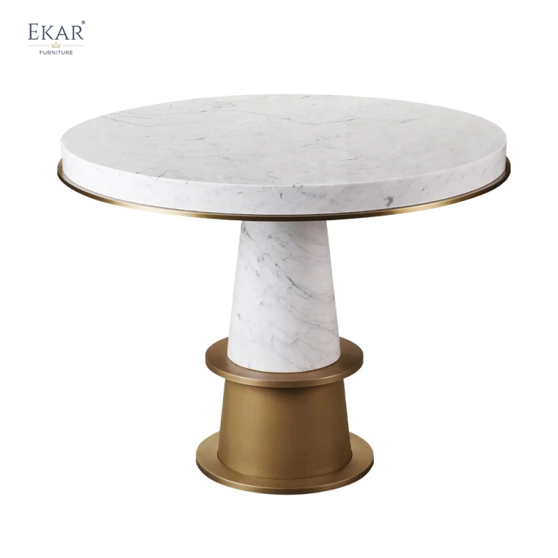 EKAR Modern Round Marble Dining Table | Sculptural Stone Pedestal & Brass Accent | Luxury Dining Room Furniture