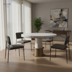 EKAR Modern Round Marble Dining Table | Sculptural Stone Pedestal & Brass Accent | Luxury Dining Room Furniture