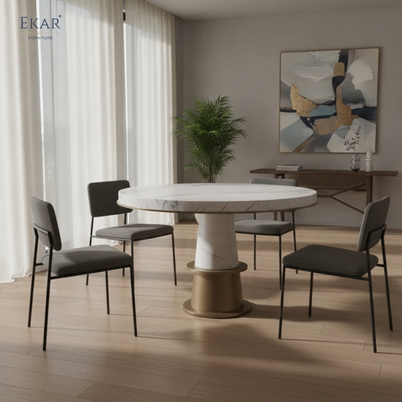 EKAR Modern Round Marble Dining Table | Sculptural Stone Pedestal & Brass Accent | Luxury Dining Room Furniture