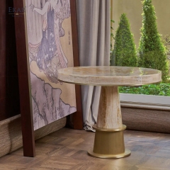 EKAR Modern Round Marble Dining Table | Sculptural Stone Pedestal & Brass Accent | Luxury Dining Room Furniture