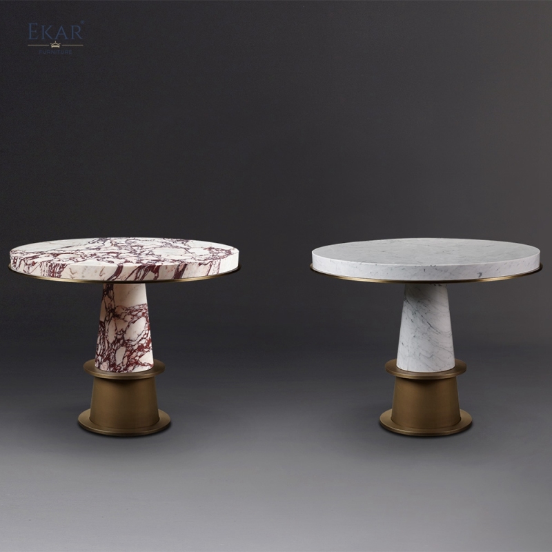 EKAR Modern Round Marble Dining Table | Sculptural Stone Pedestal & Brass Accent | Luxury Dining Room Furniture
