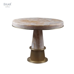 EKAR Modern Round Marble Dining Table | Sculptural Stone Pedestal & Brass Accent | Luxury Dining Room Furniture