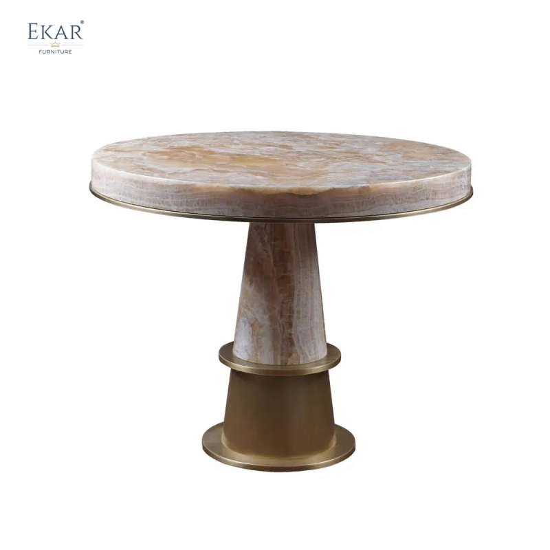 EKAR Modern Round Marble Dining Table | Sculptural Stone Pedestal & Brass Accent | Luxury Dining Room Furniture