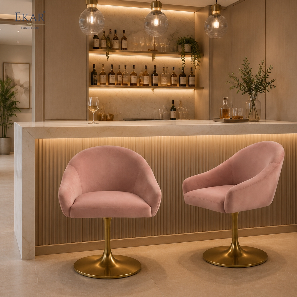 Modern Velvet Swivel Bar Chair with Tulip Base – Rounded Armchair Style Bar Stool | EKAR Furniture