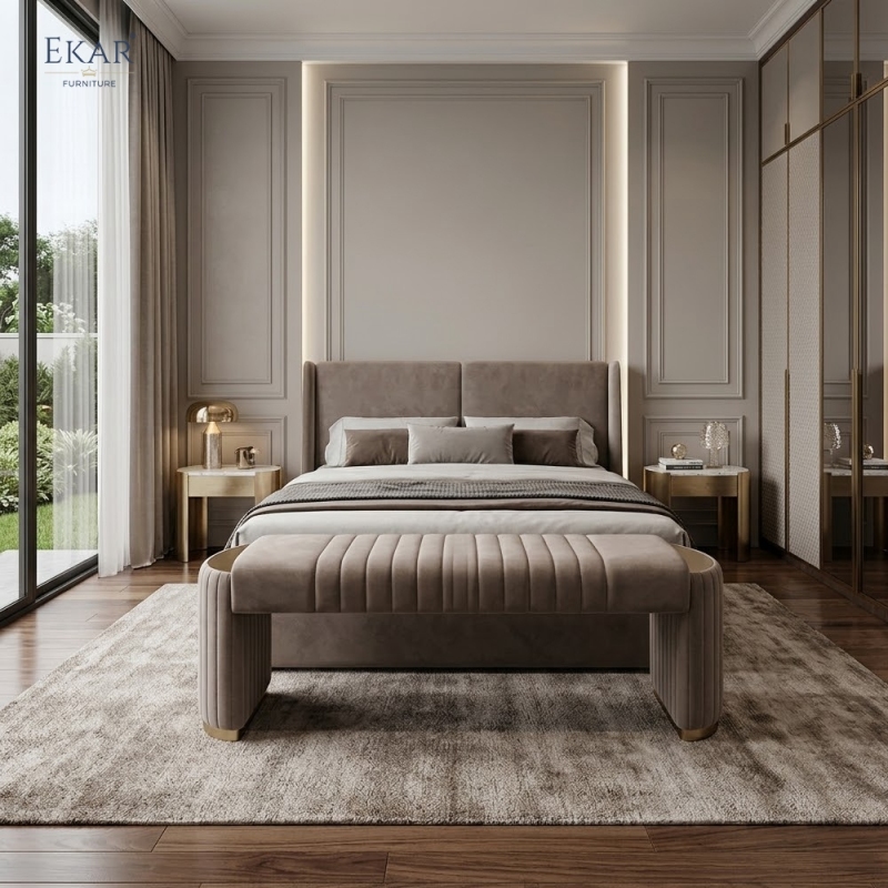 Modern Channel-Tufted Bed Bench – Curved Velvet Bench for Bedroom | EKAR Furniture