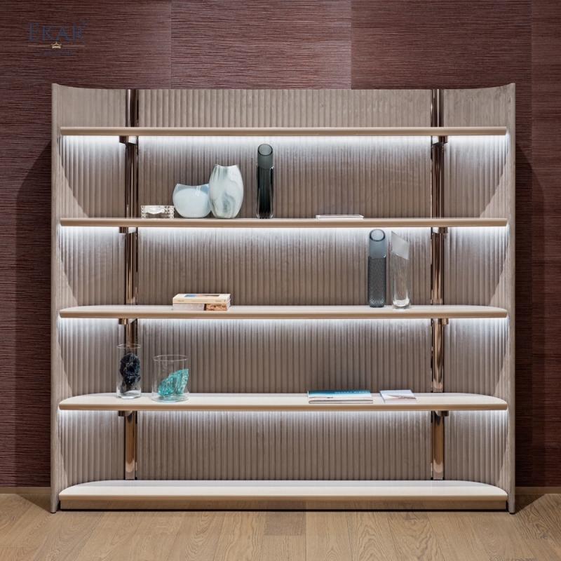 Modern LED-Lit Display Bookshelf – Open Shelving Unit with Ribbed Back Panel | EKAR Furniture