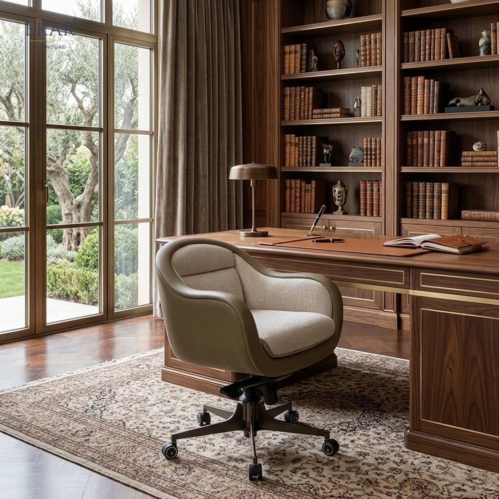 Vintage Leather Executive Office Chair – Rolling Desk Chair with Wood Handle | EKAR Furniture