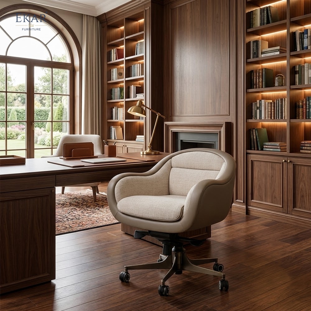 Vintage Leather Executive Office Chair – Rolling Desk Chair with Wood Handle | EKAR Furniture